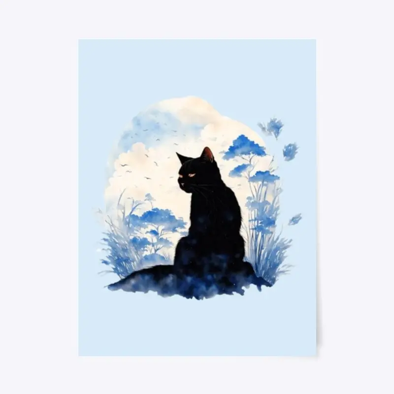 Black Cat Among Blue Flowers