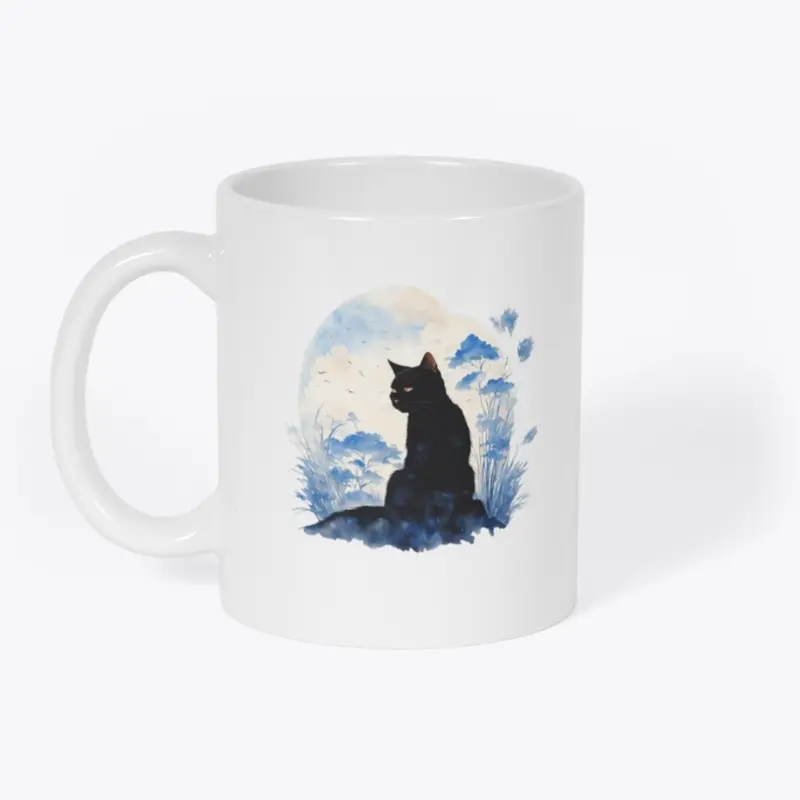 Black Cat Among Blue Flowers