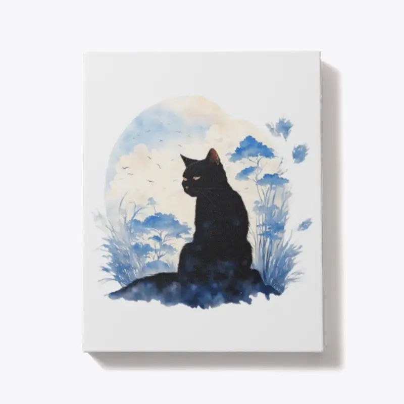 Black Cat Among Blue Flowers