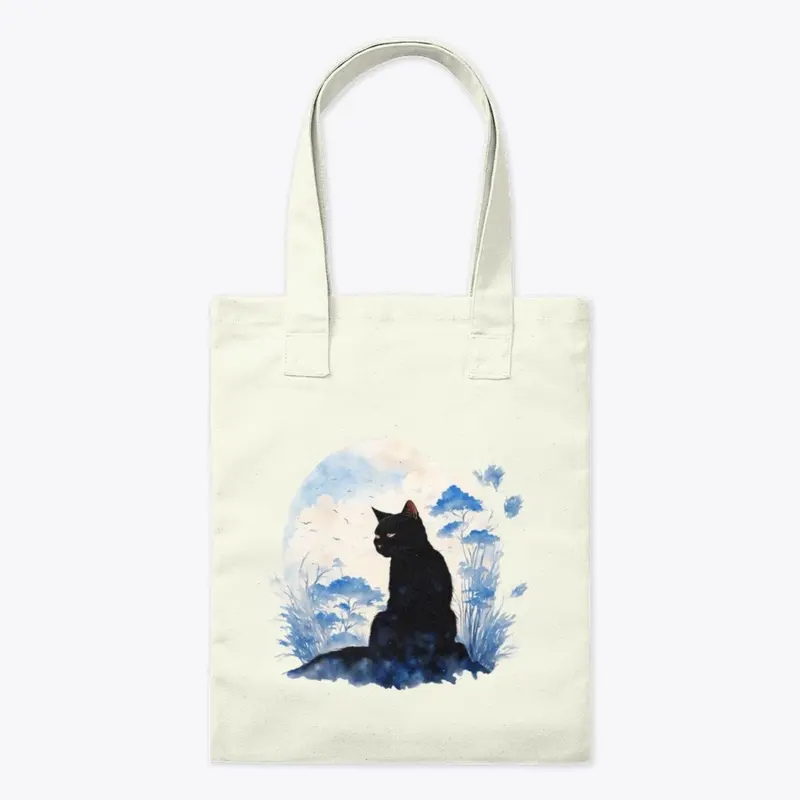 Black Cat Among Blue Flowers